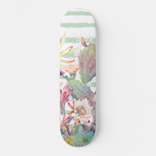 Skateboard Aquarelle cactus, motifs floraux et rayures