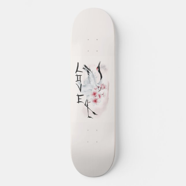 Skateboard Aquarelle Japonaise Sakura Blossom Love Crane (Recto)