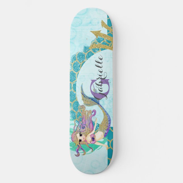 Skateboard Aquarelle mignonne de sirène Monogramme Turquoise  (Recto)
