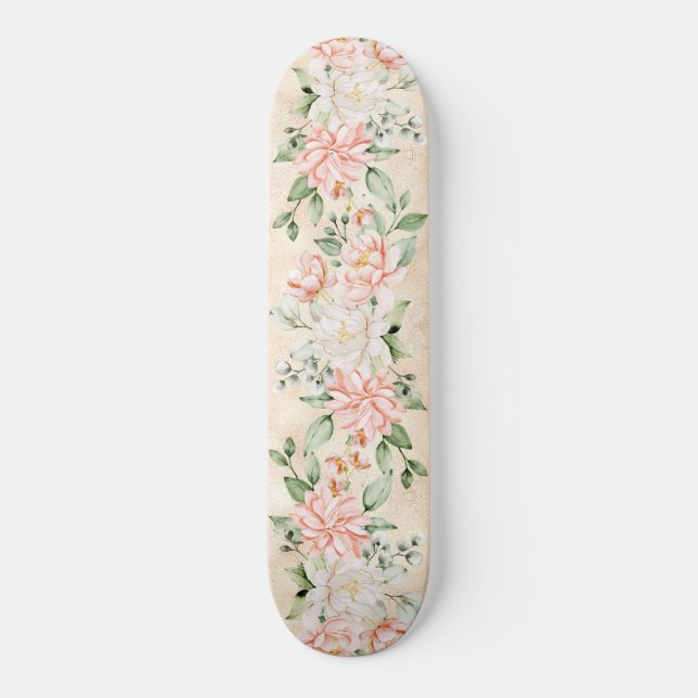 Skateboard Aquarelle Pêche Fleurs blanches Élégant (Recto)