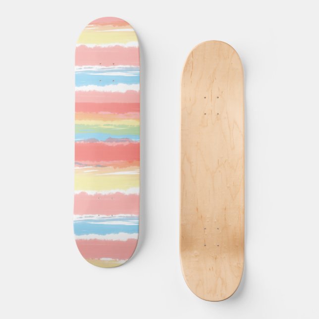 Skateboard Aquarelle rose bleu jaune blanc rayures (Recto)