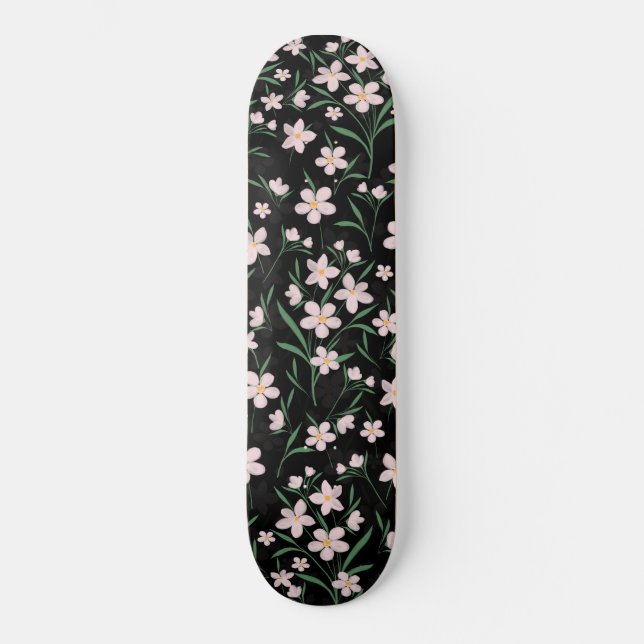 Skateboard Aquarelle rose Floral Botanique Motif noir (Recto)