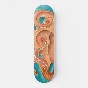 Skateboard Aquarelle Turquoise octopique orange