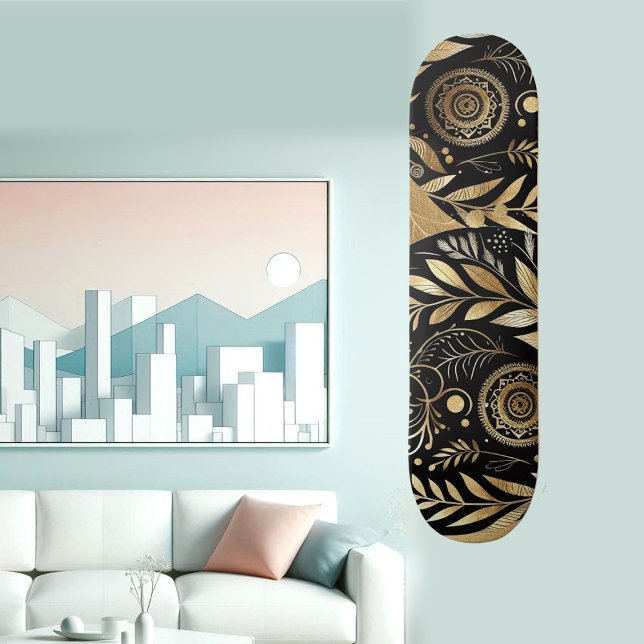 Skateboard Art Abstrait Feuillage Doré Noir Minimal Boho Funk (Abstract Art Gold Foliage Black Minimal Boho Funky Skateboard)