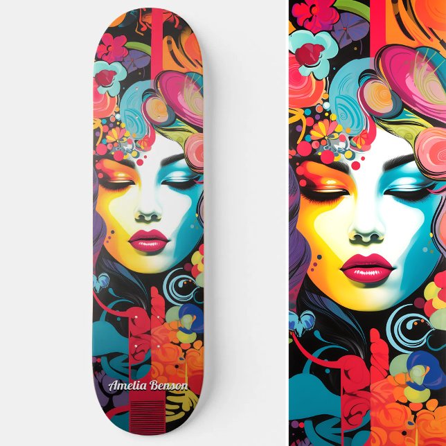 Skateboard Art De Rue Coloré Edgy Vibrant Inspiré (Vibrant Edgy Colorful Street Art Inspired Skateboard)