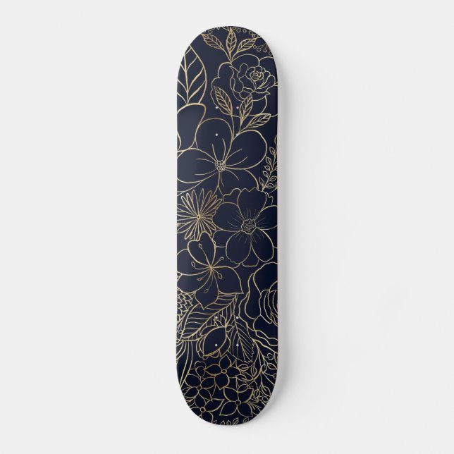 Skateboard Art moderne Gold Blue Floral Doodles (Recto)