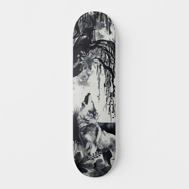 Skateboard Art unique Design Majestic Raven Moon & Wolf (Recto)