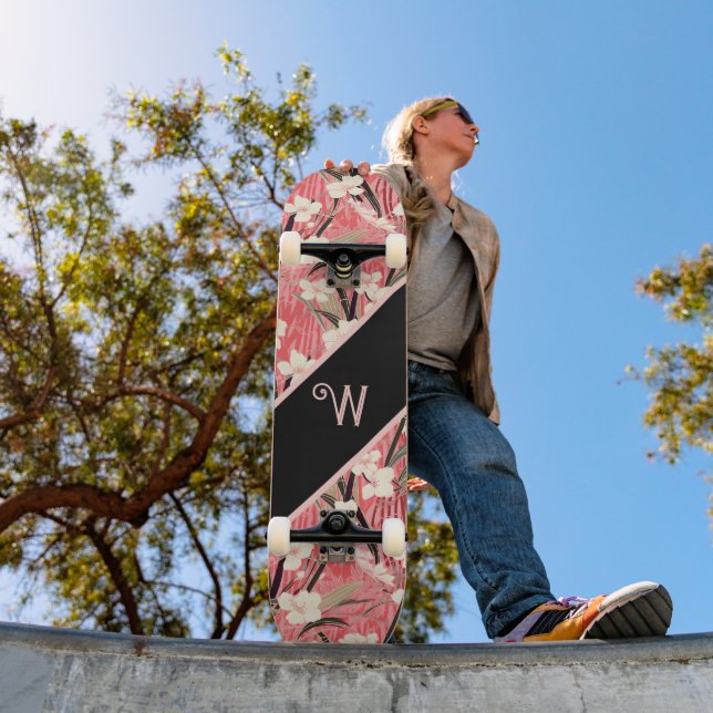Skateboard Asian Floral Pink Peach White Chinoiserie Monogram (Extérieur 1)