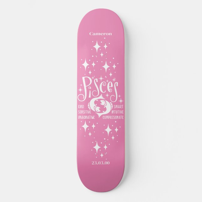 Skateboard Astrologie Patinage rose avec symbole Pisces (Recto)