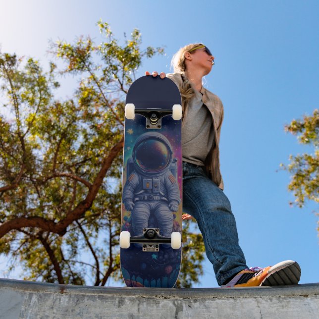 Skateboard Astronaute dans une scène spatiale colorée (Extérieur 1)