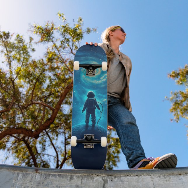Skateboard Astronaute dans une scène spatiale colorée (Extérieur 1)