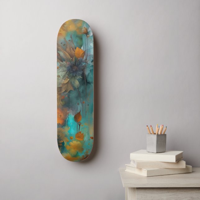 Skateboard Automne Floral Turquoise rouille or Abstrait (Art mural)