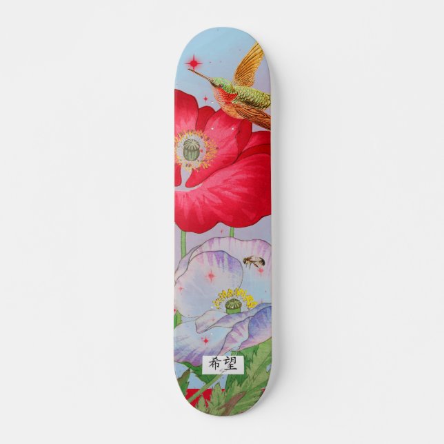 SKATEBOARD AVEC FLEURS JAPONAISES ET OISEAU HUMMIN (Devant)