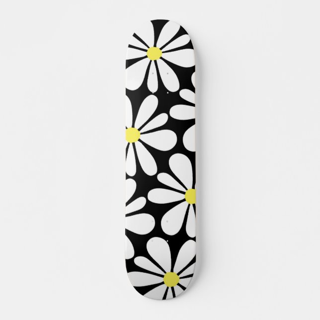 Skateboard Baise blanche sur Floral noir (Devant)