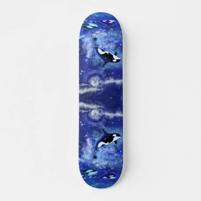 Skateboard Baleines tueuses en Pleine lune - Art Drawing Blue (Devant)