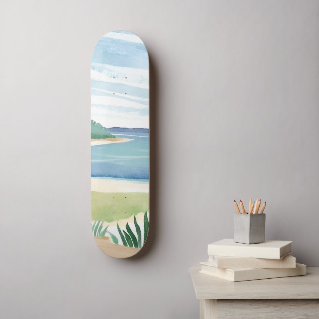 Skateboard Beach Grass Bay | Watercolor Ocean Coastal Sea (Art mural)