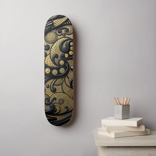 Skateboard Beautiful Black & Gold Floral and Beads Abstract (Art mural)