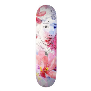 Skateboard Belle fille avec un bouquet des fleurs
