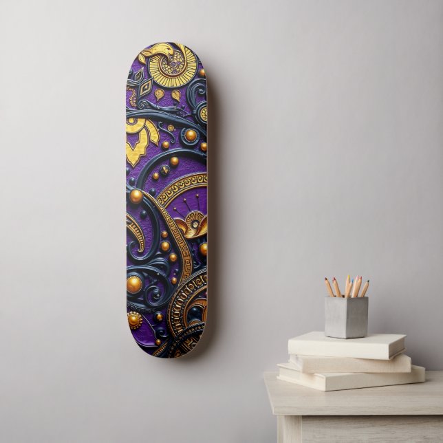 Skateboard Belle Florale Abstraite Violet Noir Or (Art mural)