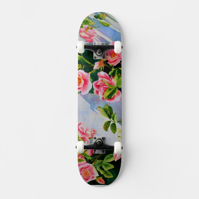 Skateboard Belle rose rose rouge roses blanc aquarelle floral (Recto)