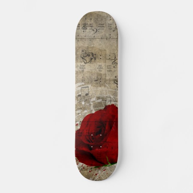 Skateboard Belle rose rouge notes piano tourbillonné (Recto)