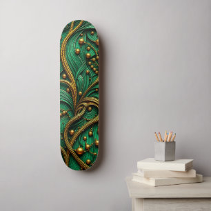 Skateboard Belle Vert & Or Floral et perles Abstrait