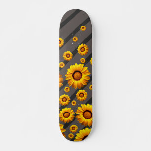 Skateboard Belles fleurs jaunes sur gris, rayures noires