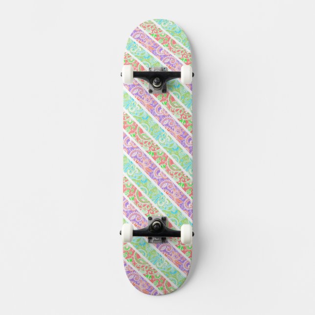 Skateboard Belles fleurs pastel colorées rayures (Recto)