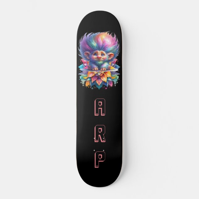Skateboard *~* Big Rainbow Hair Troll AP89 Neon Initial (Recto)