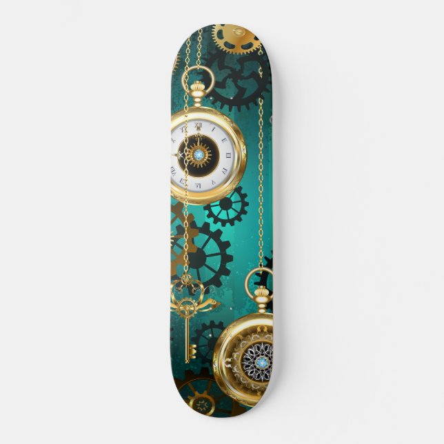 Skateboard Bijou Steampunk Montre sur un fond vert (Recto)