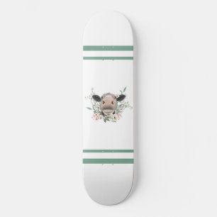 Skateboard bisou de nez de vache fleurs aquarelle gris animal