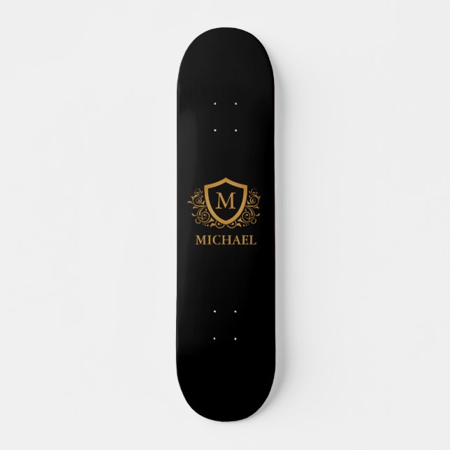 Skateboard Black and Gold Personalized Stylish Monogram Name (Devant)