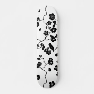Skateboard Black and White Pattern Birds on Cherry Blossoms