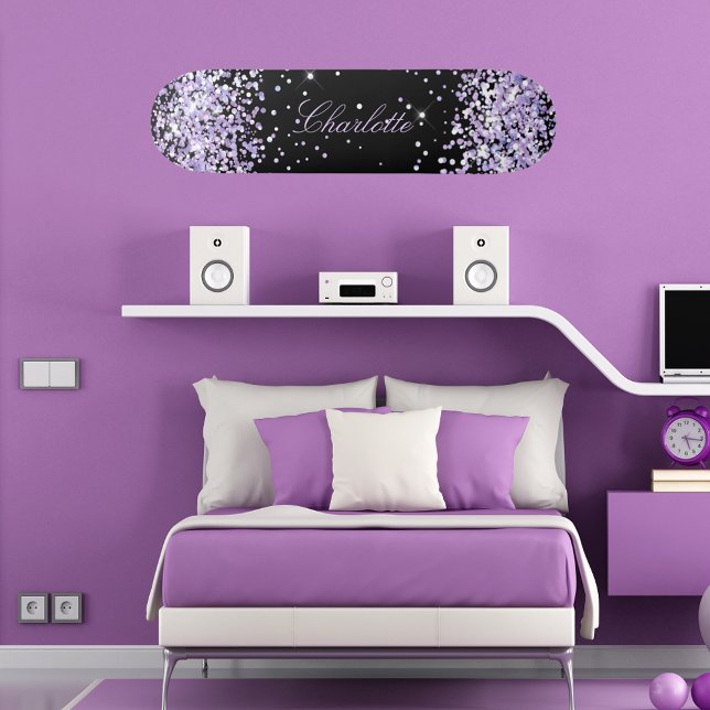 Skateboard Black violet lavender glitter dust name elegant (Créateur téléchargé)