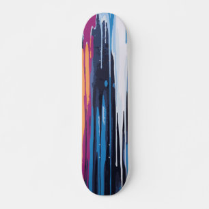 Skateboard Blanc Bleu Violet et Jaune Peinture Goutte Abstrai