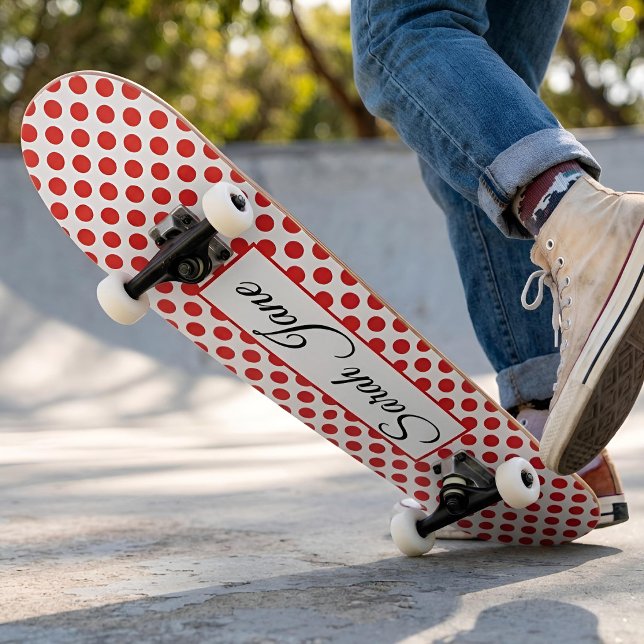 Skateboard Blanc classique Points rouges | Nom personnalisé (Créateur téléchargé)
