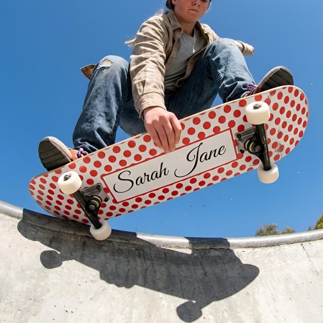 Skateboard Blanc classique Points rouges | Nom personnalisé (Créateur téléchargé)