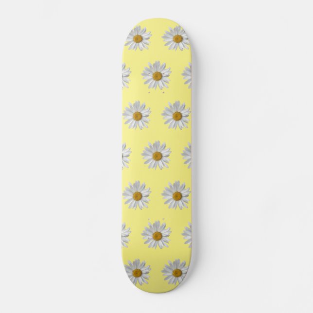 Skateboard Blanc Motif marguerite mignonne Jaune (Recto)