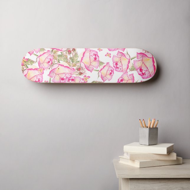 Skateboard Blanc rose jaune romantique floral rose d'été (Art mural (Horz))
