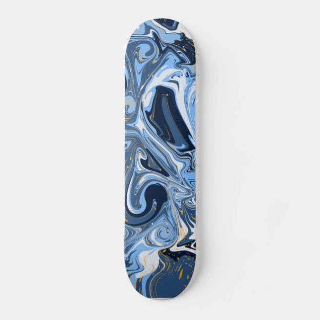 Skateboard Bleu, blanc et or Fluide Art Faux Marble (Recto)