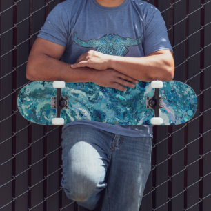 Skateboard Bleu Blanc Turquoise Mer vague Splash Abstraction