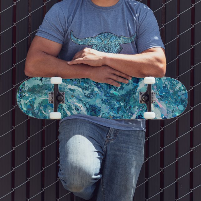 Skateboard Bleu Blanc Turquoise Mer vague Splash Abstraction (Extérieur 3)