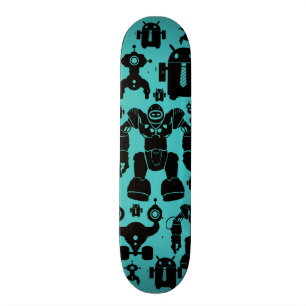 Skateboard Bleu de motif de silhouettes de robot d'amusement