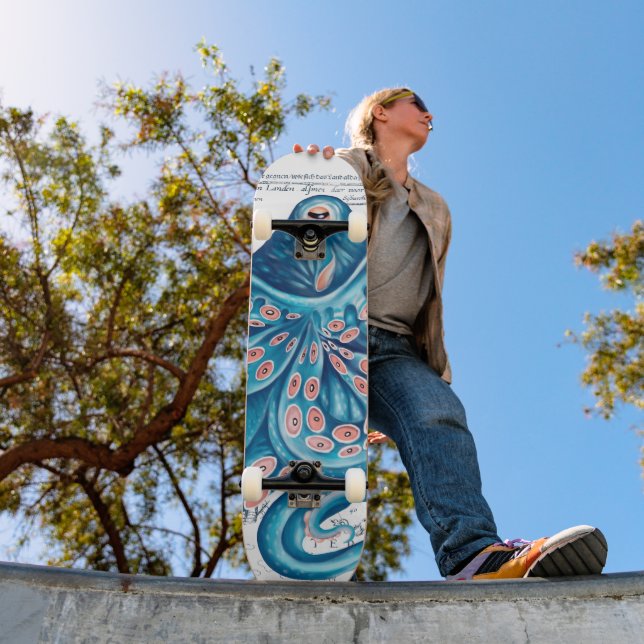 Skateboard Bleu Octopus Tentacles Carte Vintage Art nautique (Extérieur 1)