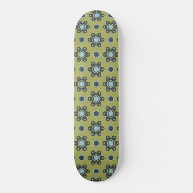Skateboard Bleu rétro et marguerites noires sur motif floral  (Recto)