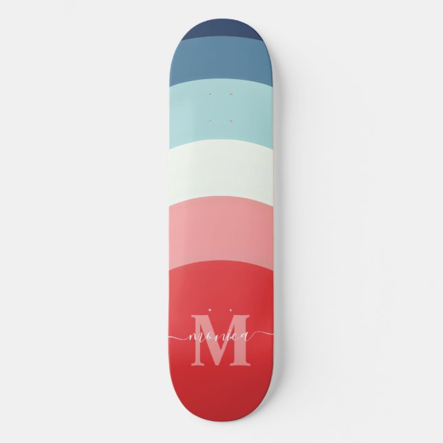 Skateboard Bleu rose arc-en-ciel rayures de courbe Monogramme (Recto)