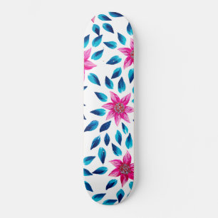 Skateboard Bleu rose clair Fleurs Feuilles Peinture acrylique