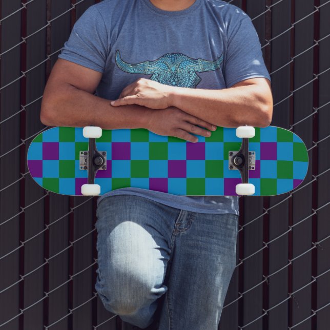 Skateboard Bleu Vert Motif à Carreaux Design Violet  (Extérieur 3)
