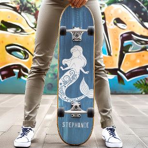 Skateboard Blue Wood Beach Mermaid Nom personnalisé