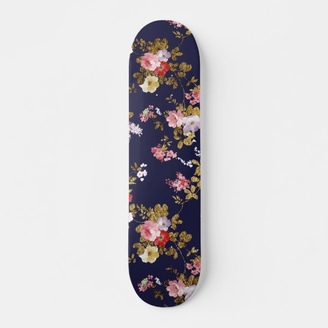 Skateboard Boho élégant d'or de rose de bleu marine floral (Devant)